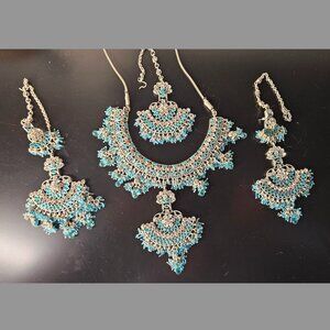 Indian Silver metal and Blue Khundan Jewelry Set